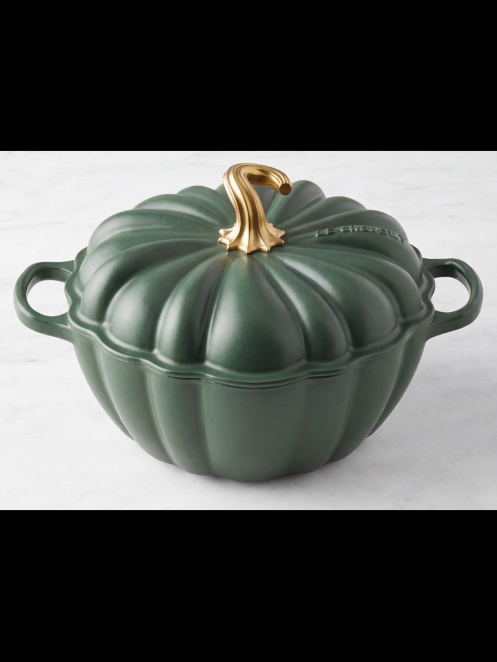 Le Creuset Foret Green Pumpkin Cocotte with Gold Stem